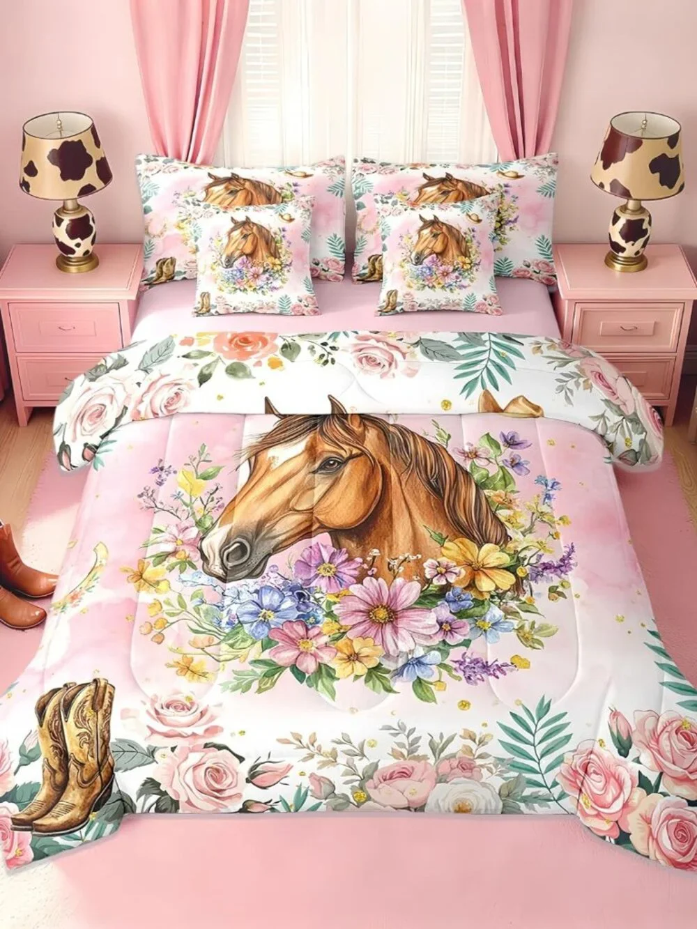 Western Cowgirl Horse Twin Bedding Set 7 Piece for Girls Kids,Cute Boho Pink Flo